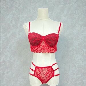 Red Lace Lingerie Set Strappy Bra & Panty Set Sheer Underwire Lingerie